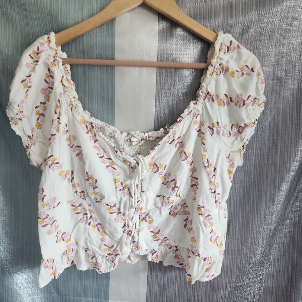 Aeropostale XL Floral Peasant Crop Top White Pink Lace Up Smocked Cottagecore